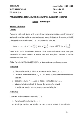 Première page de Mathématiques Tle A2, Tle B — 1re évaluation sommative, 1er semestre (2020-2021) · CEG du Lac