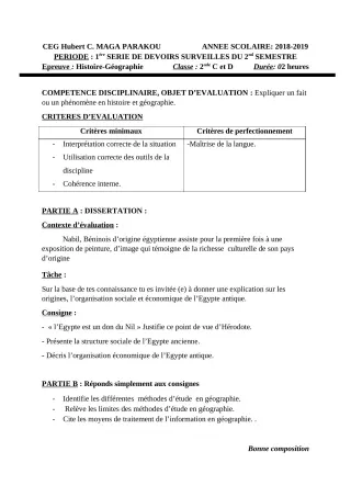 Première page de Histoire-Géographie 2nde C, 2nde D — 1er devoir surveillé, 2e semestre (2018-2019) · CEG Hubert C. MAGA