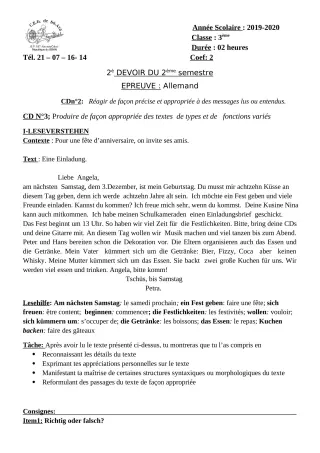 Première page de Allemand 3e ML — 2e devoir surveillé, 2e semestre (2019-2020) · CEG Sô-Ava
