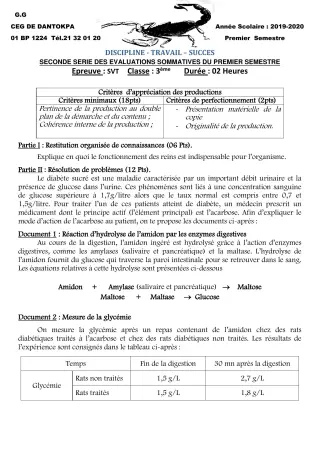 Première page de SVT 3e, 3e ML, 2nde A1, 2nde B, 2nde C, 2nde D, Tle A2, Tle B — 2e évaluation sommative, 1er semestre (2019-2020) · CEG Dantokpa