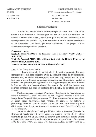 Première page de Français Tle A & B, Tle D — 2e devoir surveillé, 1er semestre (2018-2019) · Lycée Houegbadja d'Abomey (Ex Mafory Bangoura)