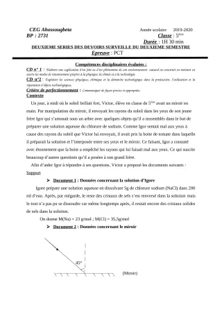Première page de PCT 5e — 2e devoir surveillé, 2e semestre (2019-2020) · CEG Ahossougbéta