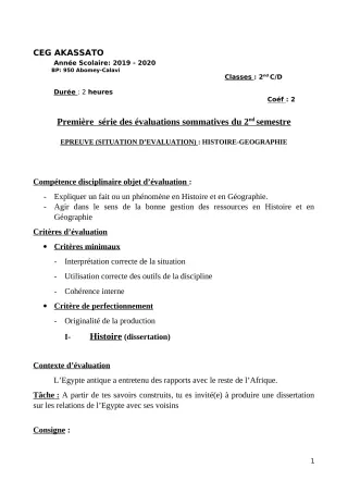 Première page de Histoire-Géographie 2nde C, 2nde D — 1re évaluation sommative, 2e semestre (2019-2020) · CEG Akassato