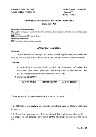 Première page de PCT 6e, 5e, 4e, 3e, 2nde D — 2e devoir surveillé, 3e trimestre (2020-2021) · CEPG La Prunelle de Dieu