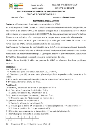 Première page de Mathématiques Tle A2 — 2e devoir surveillé, 2e semestre (2020-2021) · CEG SEKERE