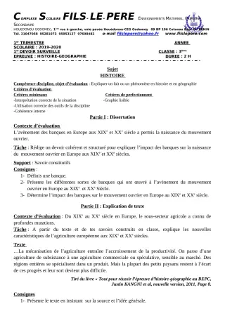 Première page de Histoire-Géographie 3e, 3e ML — 1er devoir surveillé, 1er trimestre (2019-2020) · CPEG Fils-Le-Père