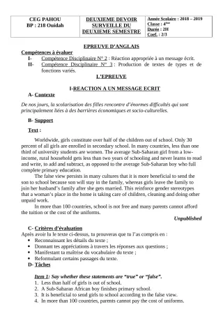 Première page de Anglais 4e, 4e ML — 2e devoir surveillé, 2e semestre (2018-2019) · CEG PAHOU