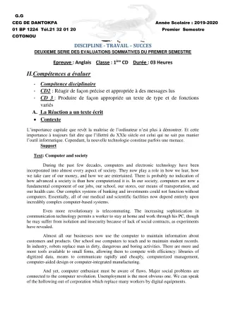 Première page de Anglais 1ère C, 1ère D — 2e évaluation sommative, 1er semestre (2019-2020) · CEG Dantokpa