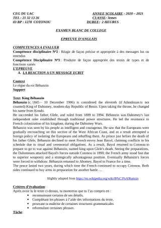 Première page de Examen Blanc de ANGLAIS — 3e, 3e ML — CEG du Lac (2020)