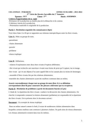 Première page de SVT 5e — Devoir surveillé, 1er semestre (2021-2022) · CEG ZONGO