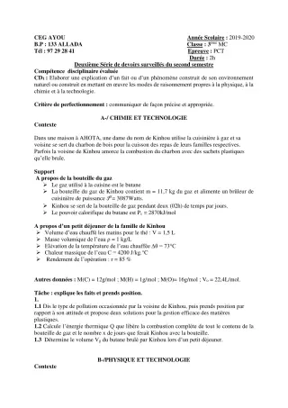 Première page de PCT 3e — 2e devoir surveillé, 2e semestre (2019-2020) · CEG AYOU