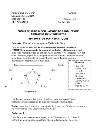 Première page de Mathématiques 4e — Production scolaire, 1er semestre (2018-2019) · CEG SEKANDJI