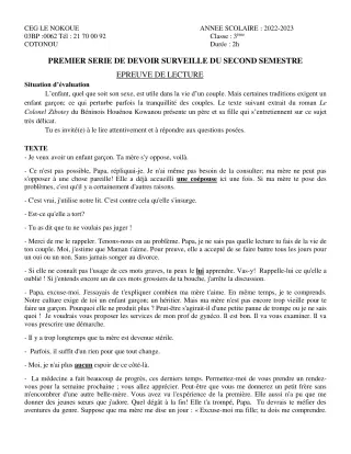 Première page de Français 3e, 3e ML — 1er devoir surveillé, 2e semestre (2022-2023) · CEG LE NOKOUE