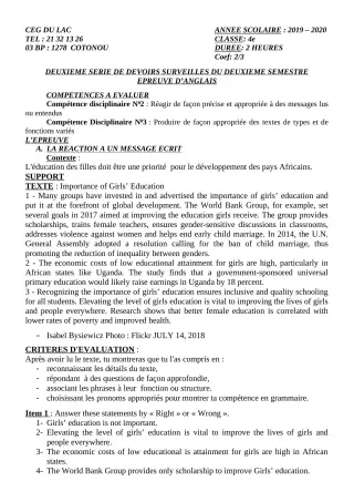 Première page de Anglais 4e ML — 2e devoir surveillé, 2e semestre (2019-2020) · CEG du Lac