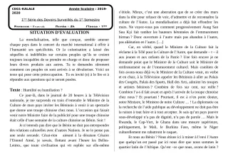 Première page de Français 1ère A2 — 1er devoir surveillé, 1er semestre (2019-2020) · CEG1 Kalalé