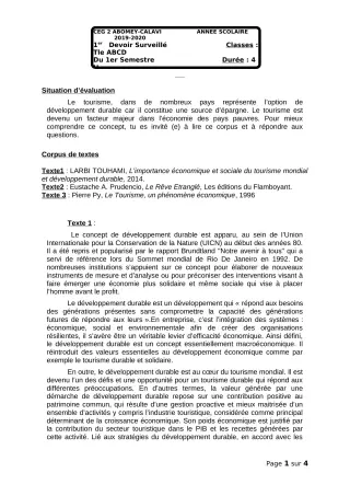 Première page de Français Tle A1, Tle A2, Tle B, Tle C, Tle D — 1er devoir surveillé, 1er semestre (2018-2019) · CEG2 ABOMEY - CALAVI (CEG ZOCA)