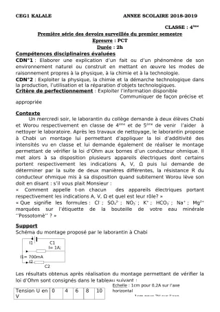 Première page de PCT 4e — 1er devoir surveillé, 1er semestre (2018-2019) · CEG1 Kalalé