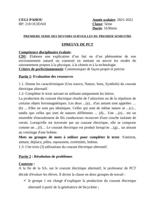 Première page de PCT 5e — 1er devoir surveillé, 1er semestre (2021-2022) · CEG PAHOU