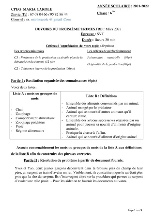 Première page de SVT 6e — Devoir surveillé, 3e trimestre (2021-2022) · CPEG MARIA-CAROLE