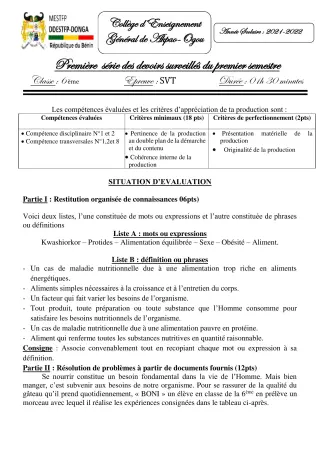 Première page de SVT 6e, 5e, 4e, 3e — 1er devoir surveillé, 1er semestre (2021-2022) · CEG Akpao-Ogou
