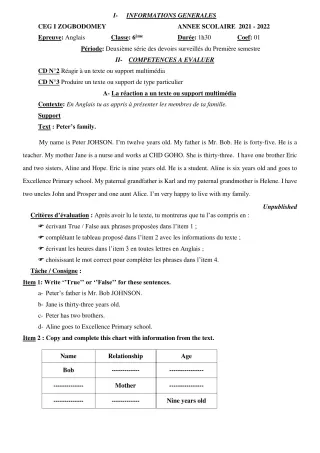 Première page de Anglais 6e, 5e, 4e, 4e ML, 3e, 3e ML, 2nde A1, 2nde A2, 2nde B, 2nde C, 2nde D, 1ère A1, 1ère A2, 1ère B, 1ère C, 1ère D, Tle A1, Tle A2, Tle B, Tle C, Tle D — 2e devoir surveillé, 1er semestre (2021-