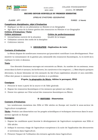Première page de Histoire-Géographie 3e — 2e devoir surveillé, 1er semestre (2021-2022) · CEG SEKERE