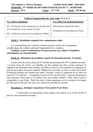 Première page de SVT 2nde A1, 2nde A2, 2nde B — 2e devoir surveillé, 1er semestre (2019-2020) · CEG Hubert C. MAGA