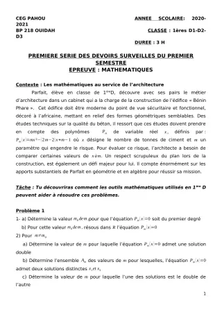 Première page de Mathématiques 1ère D — 1er devoir surveillé, 1er semestre (2020-2021) · CEG PAHOU