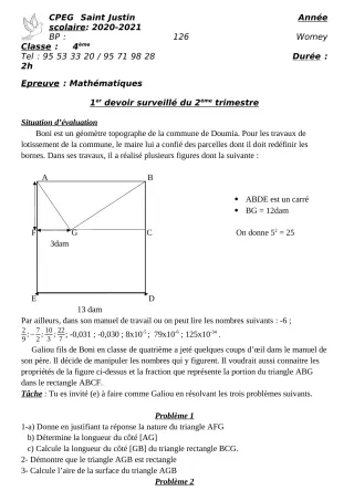 Première page de Mathématiques 4e, 4e ML, 3e, 3e ML, 2nde A2, 2nde B, 1ère D, Tle A2, Tle B — 1er devoir surveillé, 2e trimestre (2020-2021) · CPEG SAINT Justin