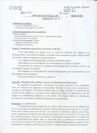 Première page de SVT 5e — Devoir surveillé (2018-2019) · CEG ADJAGBO