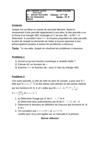 Première page de Mathématiques 2nde A, 2nde B — 1er devoir surveillé, 1er semestre (2018-2019) · CEG2 ABOMEY - CALAVI (CEG ZOCA)