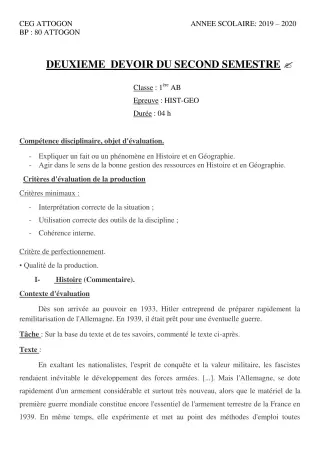 Première page de Histoire-Géographie 1ère A & B, 1ère A1, 1ère A2, 1ère B — 2e devoir surveillé, 2e semestre (2019-2020) · CEG Attogon