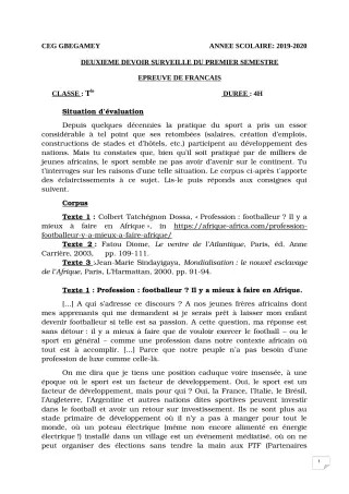 Première page de Français Tle A, Tle B, Tle C, Tle D — 2e devoir surveillé, 1er semestre (2019-2020) · CEG GBEGAMEY