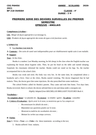 Première page de Anglais 4e — 1er devoir surveillé, 1er semestre (2020-2021) · CEG PAHOU