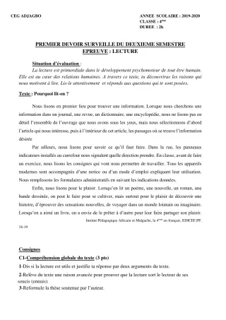 Première page de Français 4e, 4e ML — 1er devoir surveillé, 2e semestre (2019-2020) · CEG ADJAGBO