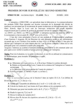 Première page de Mathématiques Tle A1, Tle A2 — 1er devoir surveillé, 2e semestre (2023-2024) · CEG Yagbe