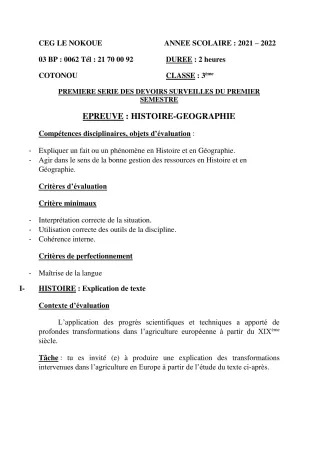 Première page de Histoire-Géographie Tle C, Tle D — 1er devoir surveillé, 1er semestre (2021-2022) · CEG LE NOKOUE
