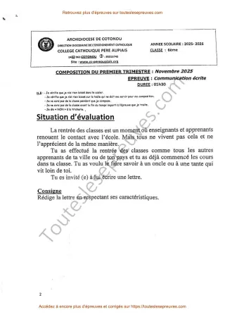 Première page de Communication écrite 6ème – Composition du 1er trimestre 2025-2026 – Lettre sur la rentrée des classes – Collège Catholique Père Aupiais
