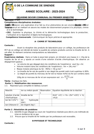 Première page de PCT 3e — 2e devoir surveillé, 1er semestre (2023-2024) · CEG SEKERE