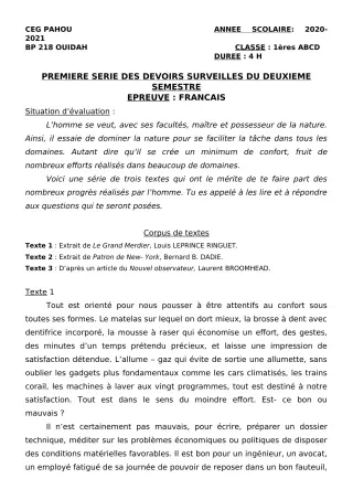 Première page de Français 1ère A1, 1ère A2, 1ère B, 1ère C, 1ère D — 1er devoir surveillé, 2e semestre (2020-2021) · CEG PAHOU