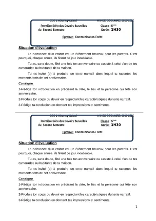 Première page de Français 5e — 1er devoir surveillé, 2e semestre (2019-2020) · CEG2 ABOMEY - CALAVI (CEG ZOCA)