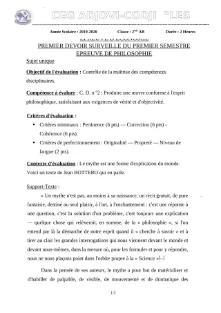 Première page de Philosophie 2nde B — 1er devoir surveillé, 1er semestre (2019-2020) · CEG ADJOVICODJI 'LES OLIVIERS'