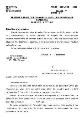 Première page de Français 4e — 1er devoir surveillé, 1er semestre (2020-2021) · CEG PAHOU