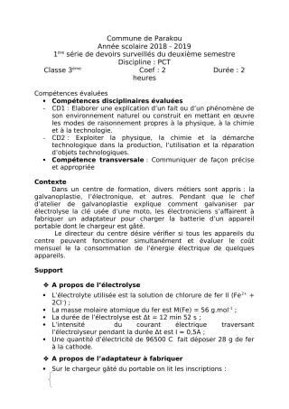 Première page de PCT 3e — 1er devoir surveillé, 2e semestre (2018-2019) · CEG Banikanni
