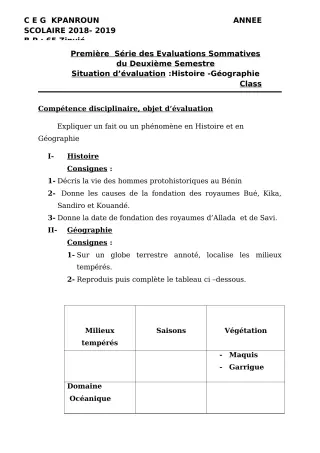 Première page de Histoire-Géographie 5e — 1re évaluation sommative, 2e semestre (2018-2019) · CEG Kpanroun