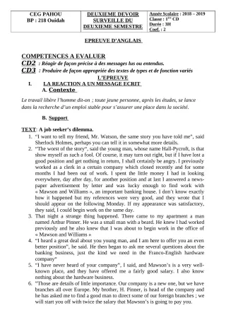 Première page de Anglais 1ère C, 1ère D — 2e devoir surveillé, 2e semestre (2018-2019) · CEG PAHOU
