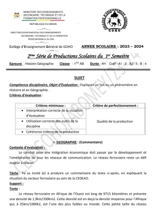 Première page de Histoire-Géographie 1ère A & B — 2e production scolaire, 1er semestre (2023-2024) · CEG GOHO