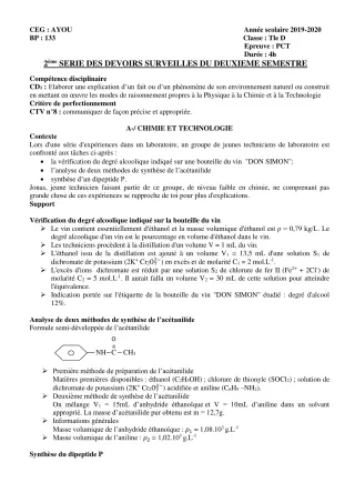 Première page de PCT Tle D — 2e devoir surveillé, 2e semestre (2019-2020) · CEG AYOU