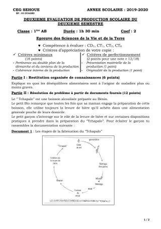 Première page de SVT 1ère A, 1ère B — 2e production scolaire, 2e semestre (2019-2020) · CEG SEHOUE