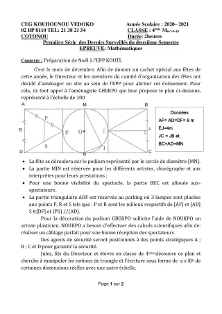 Première page de Mathématiques 4e — 1er devoir surveillé, 2e semestre (2020-2021) · CEG Kouhounou-Vêdoko